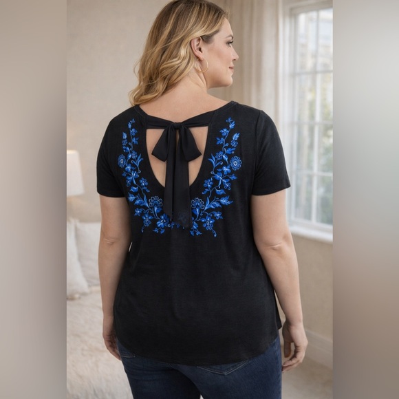 Lane Bryant Tops - Lane Bryant Black Top Blue Floral Embroidery Open Back Bow Size XL 14/16